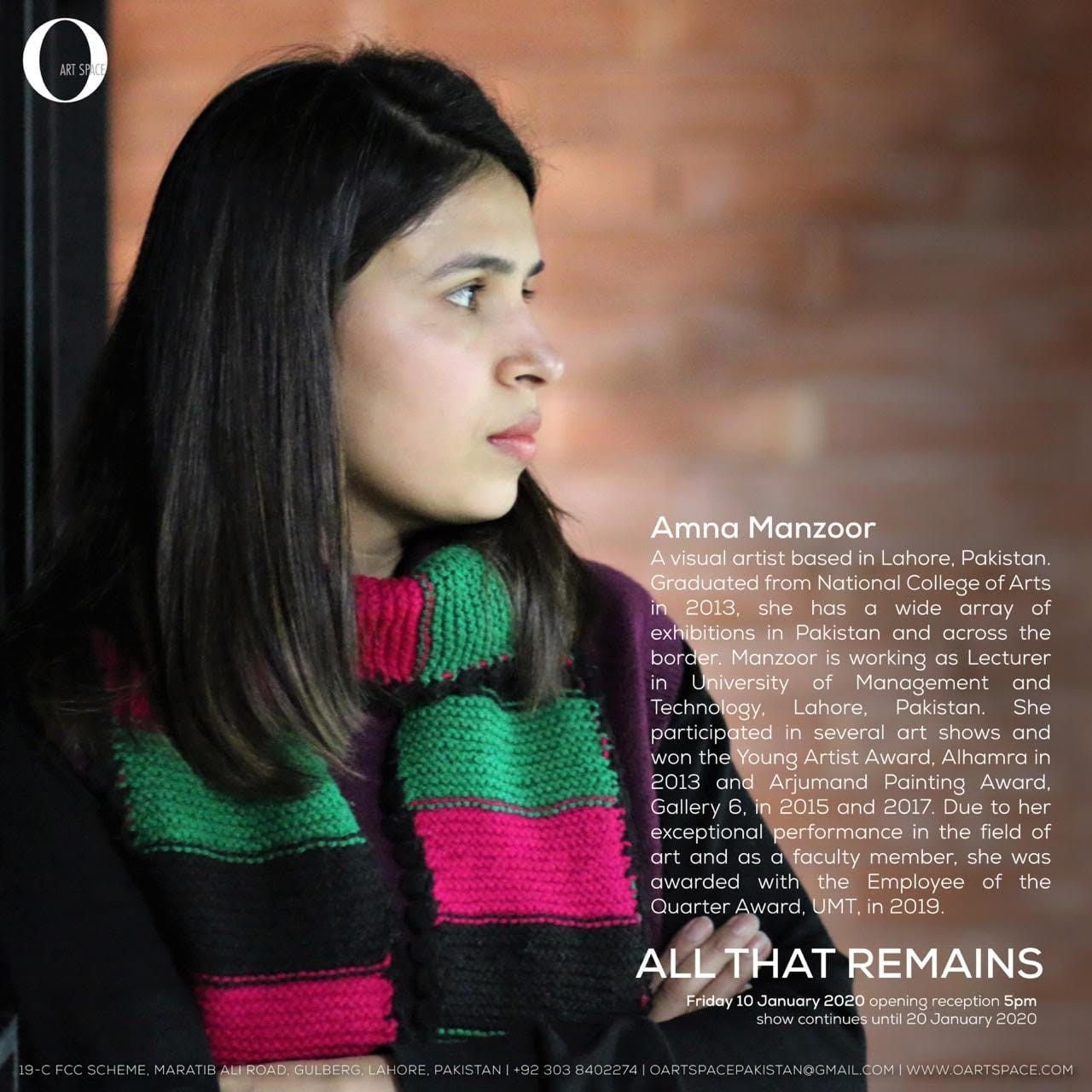 O Art Space artist profile for Amna Manzoor, with portrait and short biography