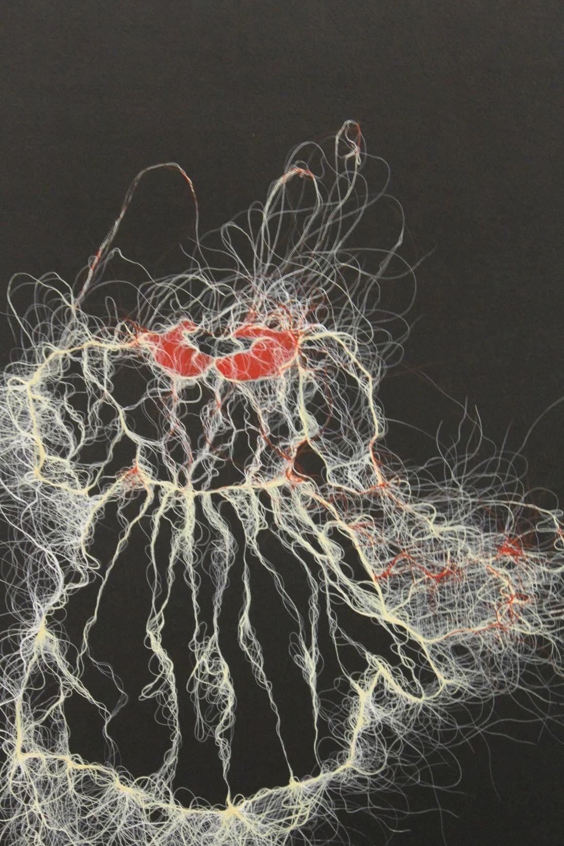 Deepening Sense of Self III, 2015. Gouache on wasli by Amna Manzoor — a red accent within a tangled network of pale lines.