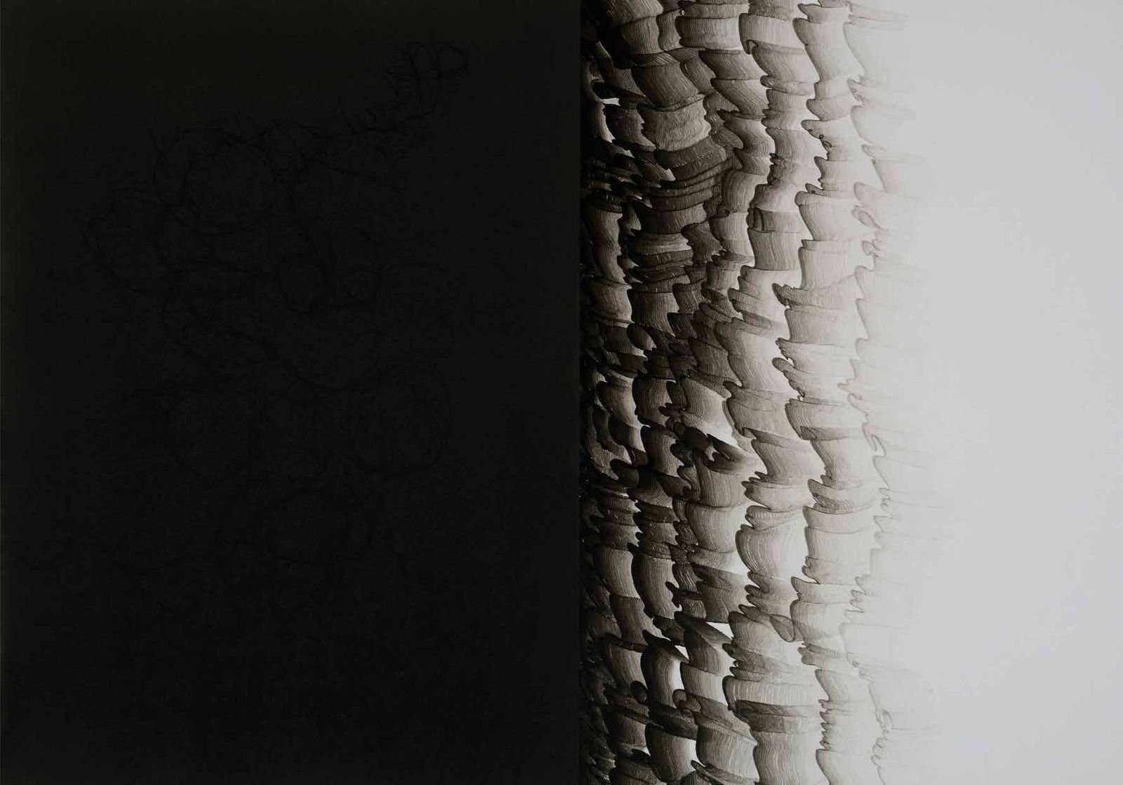 Mouj o Gardish: pale strands rising into black beside a calligraphic title