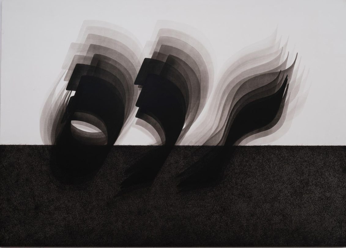 Pardah, 2024. Ink on canvas by Amna Manzoor — layered black forms rising above a dark field.