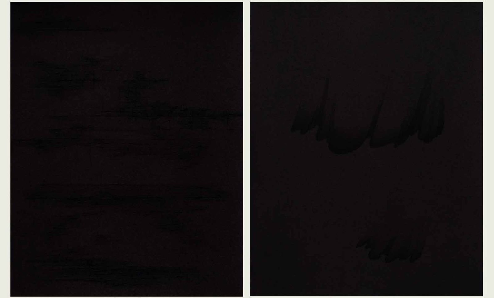 Parwaz o Khashak: two dark panels with faint calligraphy and strands